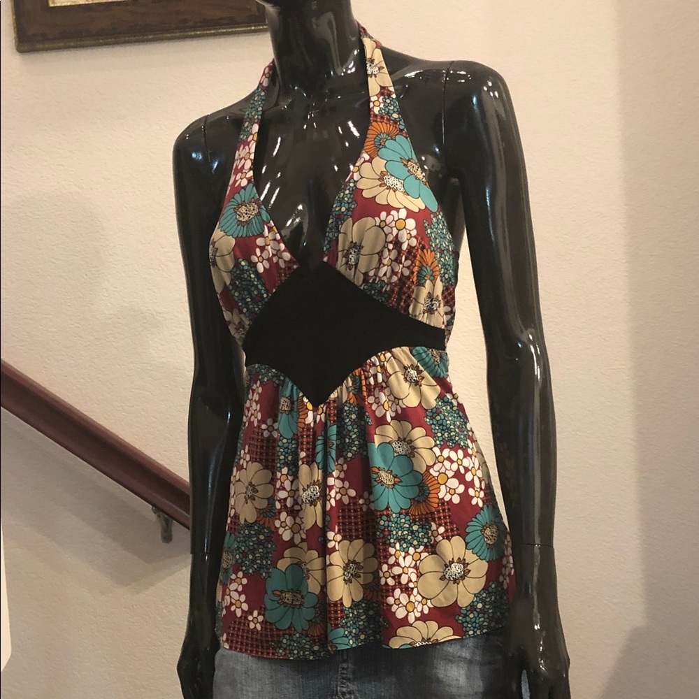 Floral Halter Tank Top in Burgundy and Teal